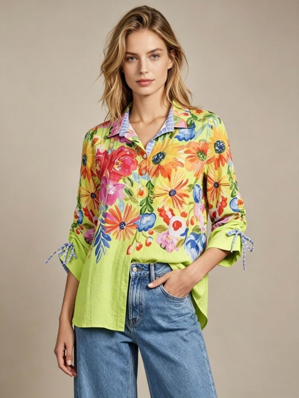 NWOT John Mark Floral 3/4 Cinch Tie Sleeve Top Blouse Shirt Size M